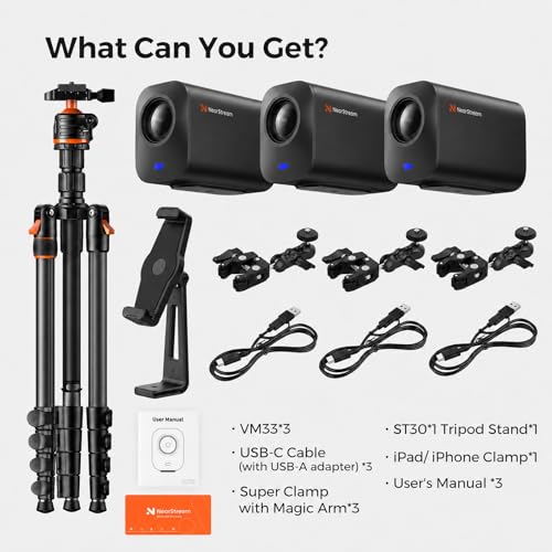 NearStream VM33 3-Pack Multi Camera Live Streaming Kit, 3 Wireless Streaming Cameras with Tripod, Super Clamps & Tablet Holder for Church, Sports, Podcasts, Interviews & Events (VM33 3-Pack Kit)
