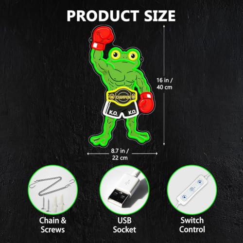 HAJAE Frog Neon Sign, Dimmable Boxing Frog Champion LED Light Wall Decor - Funny Muscular Frog Gifts for Men Boys Kids, Wrestling Birthday Party Decorations, Gym Man Cave Room Neon Light - style: Boxing Frog