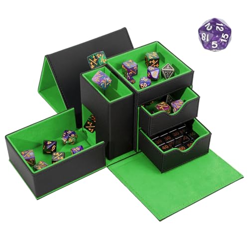Dice Tray & Dice Tower Storage Box, 3 in 1 Dice Holder Case (Dice Rolling Tray, Dice Rolling Tower, Dice Storage Drawers), Leather Magnetic Closure DND Accessories Gifts for RPG MTG, Black/Green - color: Black/Green