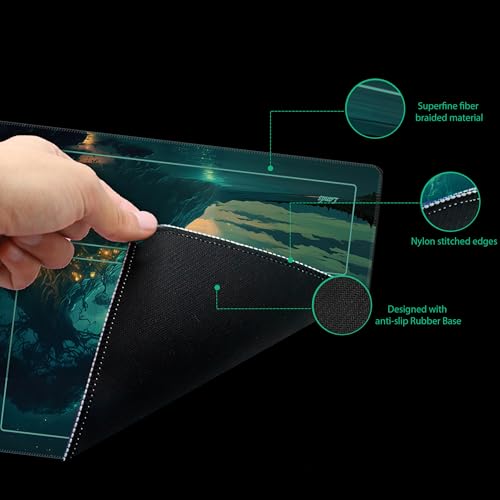 MTG Playmat with Storage Tube & 7-Dice Set - Waterproof TCG Playmat with Stitched Edges, Non-Slip Rubber Card Game Mat (24"x14") (playmat with Zones, Greenery) - color: Greenery, style: playmat with zones