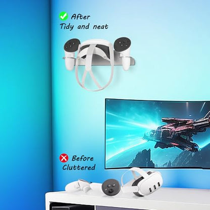 VR Wall Mount for Meta Oculus Quest 3S/Quest 3/Quest 2/Quest Pro/Rift-S/Vision Pro Headset & Controllers, Aluminum VR Wall Holder with 2 Storage Way, Desk Space Saving & Stable VR Stand, Silver