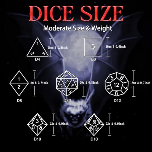 ZHOORQI Metal DND Dice 7Pcs Bat Design Polyhedral Die Set(BF-White Red) | Sharp Edge D and D Dice for Dungeons and Dragons DM RPGs Gift Gaming Collection - color: Bat-white Red
