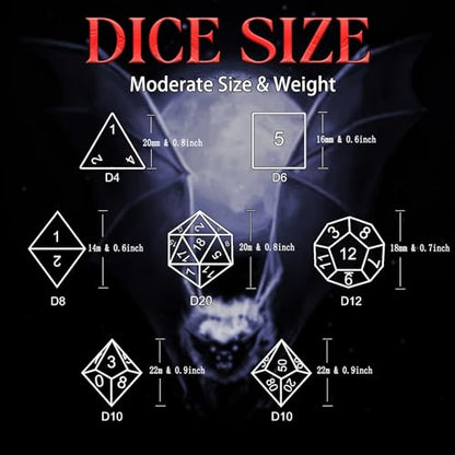 ZHOORQI Metal DND Dice 7Pcs Bat Design Polyhedral Die Set(BF-White Red) | Sharp Edge D and D Dice for Dungeons and Dragons DM RPGs Gift Gaming Collection - color: Bat-white Red