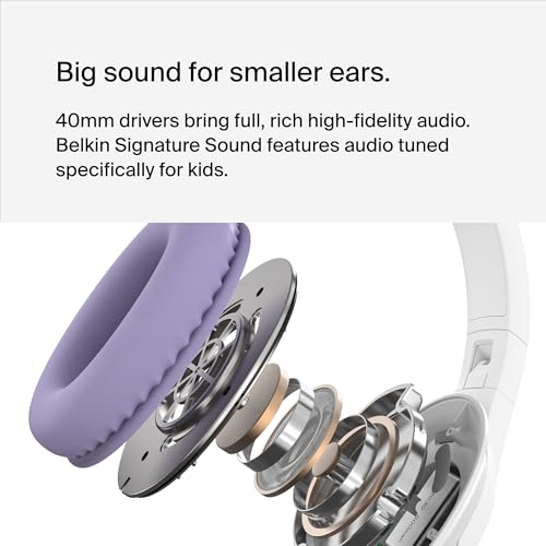 Belkin SoundForm Inspire Bluetooth Kids Headphones, 35H Battery Life | Over-ear wireless headset, built-in mic, 85dB safe volume limit, online learning, travel, iPad, iPhone, Galaxy - color: Lavender, style: Wireless