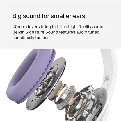 Belkin SoundForm Inspire Bluetooth Kids Headphones, 35H Battery Life | Over-ear wireless headset, built-in mic, 85dB safe volume limit, online learning, travel, iPad, iPhone, Galaxy - color: Lavender, style: Wireless