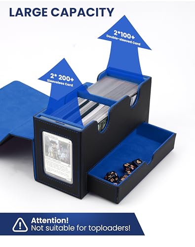 MRAUF MTG Deck Box with Double Commander Display and Dice Tray, Fits 200+ Double Sleeved Cards, Card Storage Box Plus 2 Magnetic Holders& 100Pcs Card Sleeves (Black& Blue) - color: Black& Blue