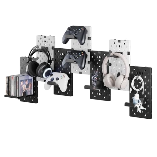 PEGZONE Controller and Headphone Holder Wall Mount, 7pcs, Black & White | Modular Gaming Pegboard with Accessories, Controller Stand, Disc Shelf Organizer - color: Black & White, size: 7 PCS