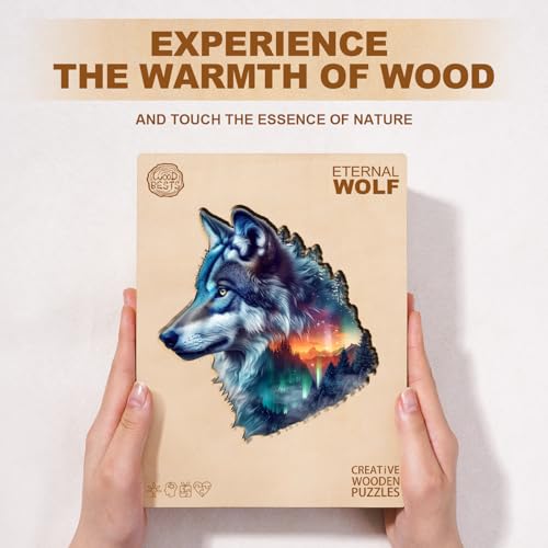 Wooden Puzzle for Adults-Aurora Wolf Wooden Puzzle Unique Shape Advanced Animal Jigsaw Puzzle for Adults, Best Gift, Wood Puzzles, Challenge Wooden Jigsaw Puzzle (M-11.4 * 11.0in-140pcs) - size: Medium