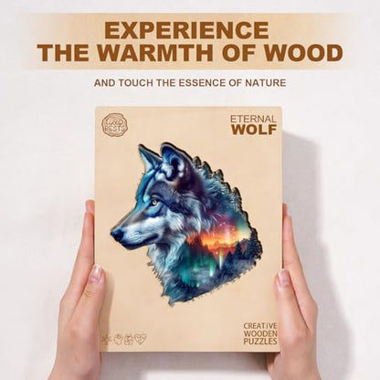 Wooden Puzzle for Adults-Aurora Wolf Wooden Puzzle Unique Shape Advanced Animal Jigsaw Puzzle for Adults, Best Gift, Wood Puzzles, Challenge Wooden Jigsaw Puzzle (M-11.4 * 11.0in-140pcs) - size: Medium