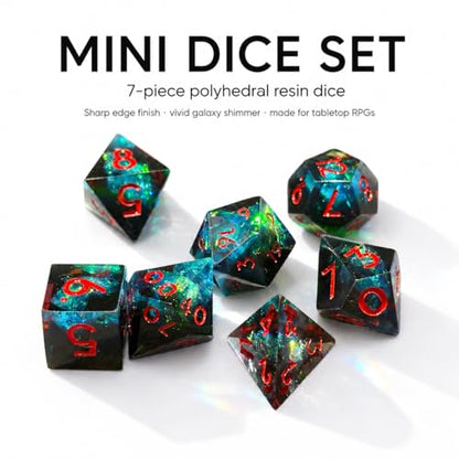 Mini DND Dice Set Tiny Dice 7 Pcs Handmade Sharp Edge Accessories Dice for Dungeons and Dragons, Polyhedral Resin Dice - color: Mini-blue Red