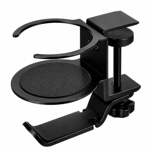 Foldable Aluminum Under Desk Headphone Hanger with Cup Holder, 2-in-1 Clamp-on Headset Stand & Drink Holder, Heavy Duty Gaming Headphone Hook for Office, Home, Gaming Desk - Black