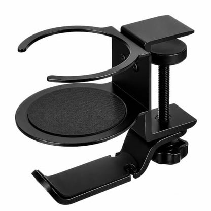 Foldable Aluminum Under Desk Headphone Hanger with Cup Holder, 2-in-1 Clamp-on Headset Stand & Drink Holder, Heavy Duty Gaming Headphone Hook for Office, Home, Gaming Desk - Black