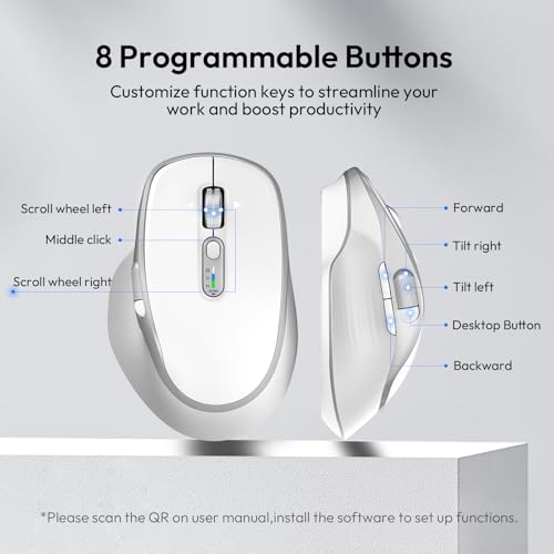 Rechargeable Wireless Mouse with Side Scroll Bluetooth Mouse -White | Bluetooth Computer Mouse for Laptop Multi Device Programmable Mouse, Smart Flying Scrolling for PC, Desktop,Tablet - color: White