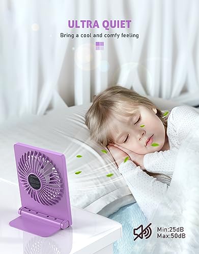 Zuvas Desk Fan Small Rechargeable Battery Table Fans for travel Ultra Quiet | 180° Tilt Folding, LED Dislay, Portable Fan Slim Design, 3 Speed Adjustable, for Office Bedroom Desktop, Cruise Essentials - color: Purple