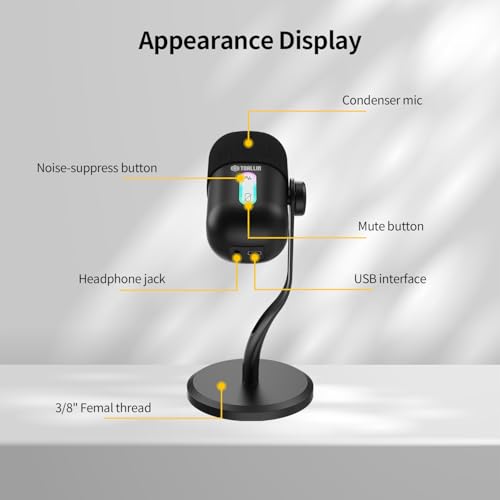 TOALLIN CM60 - USB Condenser Microphone for Recording, Streaming, Podcasting, Meetings on Teams, Zoom, OBS, Twitch, YouTube, Noise Reduction & Mute, Works with Laptop/PC/Tablet/Cellphone, Black