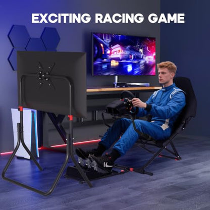 DIWANGUS Foldable Racing Simulator Cockpit with Seat and TV Mount | Adjustable Wheel Deck & Pedal Plate, Compact Storage, 90% Preassembled, Compatible with Logitech, MOZA, Thrustmaster, PS4