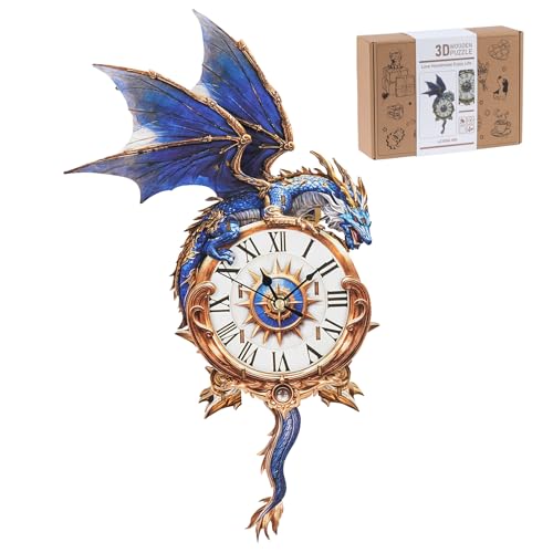 3D Wooden Puzzles for Adults, Blue Dragon Clock with Pendulum Model Kit, 3D Puzzles for Adults Room Home Decor DIY Wall Clock Kit, Holiday Birthday Christmas Day Gifts for Men Women Teens - color: Blue Dragon