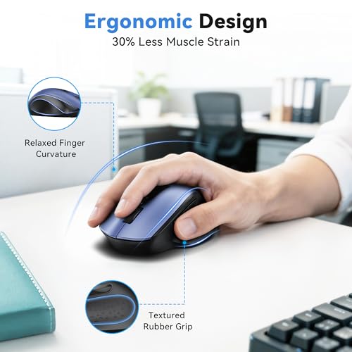 TECKNET Wireless Mouse for Laptop, (BT5.2/3.0 & 2.4G) Bluetooth Wireless Mouse, Silent Click, 5-Level Adjustable DPI, Ergonomic Portable Computer Mice for Laptop, PC, MacBook, Chromebook - color: Blue