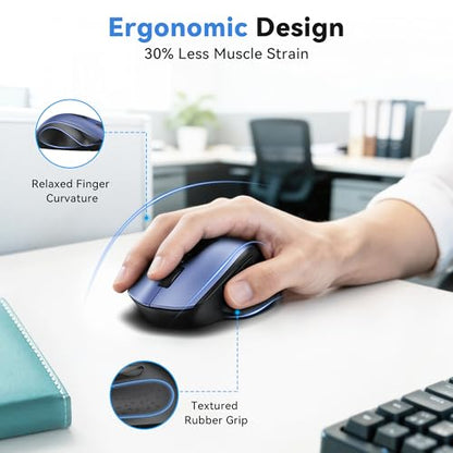 TECKNET Wireless Mouse for Laptop, (BT5.2/3.0 & 2.4G) Bluetooth Wireless Mouse, Silent Click, 5-Level Adjustable DPI, Ergonomic Portable Computer Mice for Laptop, PC, MacBook, Chromebook - color: Blue