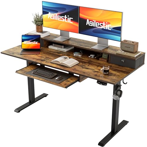 Agilestic Electric Standing Desk with 2 Drawers and Keyboard Tray, 55 x 24 Inches Ergonomic Adjustable Height Desk with Storage, Sit Stand up Computer Workstation, Rustic Brown - color: Rustic Brown, size: 55 x 24 Inches with 2 drawers and keyboard tray