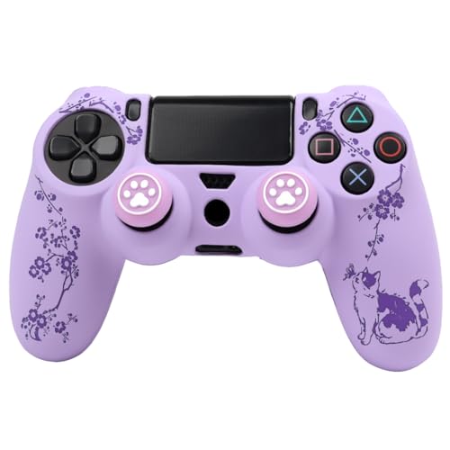 Cat Among Blossoming Branches Design Controller Skin Cover with 2 Thumb Grips Compatible with PS4/Playstation 4 Slim/Pro Controller - color: Cat Purple