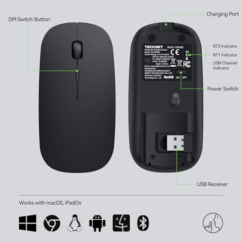 TECKNET Wireless Mouse, 4800 DPI Rechargeable Bluetooth Mouse for Laptop | Bluetooth 5.2/3.0 & 2.4G, Ultra-Thin, 6-Level Adjustable 4800 DPI Computer Mouse for Mac OS, iPad, Windows, Android - color: Matte Black