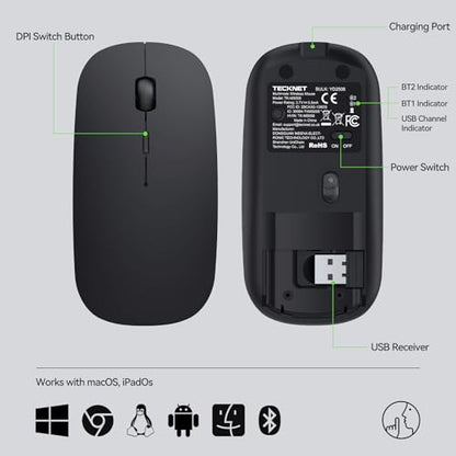 TECKNET Wireless Mouse, 4800 DPI Rechargeable Bluetooth Mouse for Laptop | Bluetooth 5.2/3.0 & 2.4G, Ultra-Thin, 6-Level Adjustable 4800 DPI Computer Mouse for Mac OS, iPad, Windows, Android - color: Matte Black