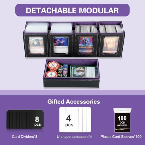 Commander Deck Box for MTG,Card Storage Box Fits 400+ Double-Sleeved Cards,5 in 1 Removable deck Case with Display Windows,for TCG/PTCG/EDH(Black & Purple) - color: Black/Violet