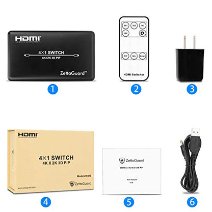 4 Port 4 x 1 HDMI Switch with PIP (Picture in Picture)and IR Wireless Remote Control, HDMI Switcher Hub Port Switches for PS4 Xbox Apple TV Fire Stick Blu-Ray Player (ZW410) - style: 4 In 1 Out