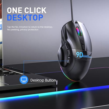 GOWENIC RGB Gaming Mouse, 9 Programmable Buttons 12000 DPI Ergonomic Design, with 7 Lighting Effects and 20 Onboard Macro Profiles, for PC Gaming