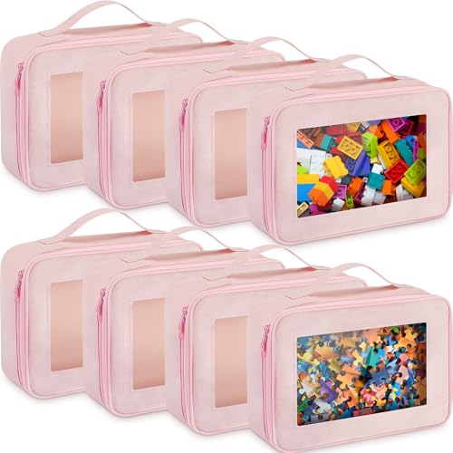 Abbylike 8 Pack Toys Storage Bags with Handle and Clear PVC Window, Classic Bricks Building Set Organization Bags, Car Toy Traveling Carrying Case for Puzzles Board Games Building Blocks(Pink) - color: Pink