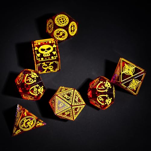 Cusdie 7-Piece Sharp Edges DND Dice Set with Pirate Design - Perfect for Tabletop RPGs Board Games Gifting and Collecting(Red w/Yellow Pirate Pattern) - color: Red W/Yellow Pirate Pattern