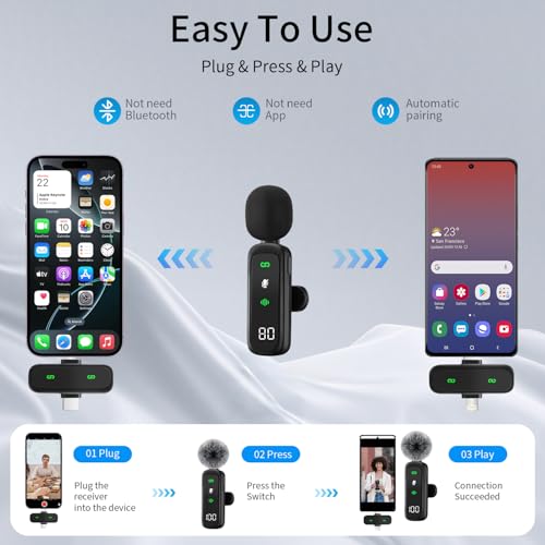 YeenMelly 2-Pack Wireless Lavalier Microphone: for iPhone 15/16, iPad, Android - Mini LED Display, Noise Reduction, Plug & Play, USB-C Charge , Clear Sound - Video/Vlog, Windscreen & Pouch Included