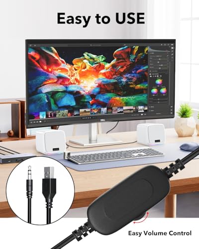 Uakinat Computer Speakers for Desktop PC, USB Powered 3.5mm Aux Speaker for PC, Laptop, Tablet, Phone, Plug and Play with Volume Control, White