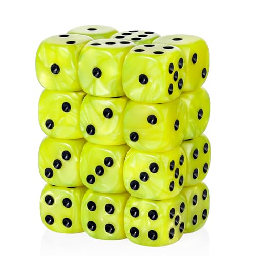 24-Piece Pearl Pattern Smooth Round Corner 16mm Dice Set 6-Sided Dice (d6) for DND, MTG, Tenzi, Farkle, Bunco, Card Gaming & Math Learning Includes Portable Storage Pouch (Olive Yellow) - color: 16mm-olive Yellow Pearl
