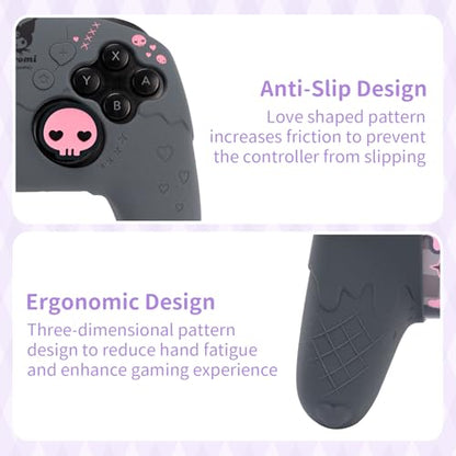 Cute Sanlio Controller Skin for NS Pro, Soft Silicone Protective Cover Case for Nintendo Switch Pro Controller with 1Touch Pad Sticker & 2 Thumb Grip Caps - (Skull & Troublemaker Rabbit)