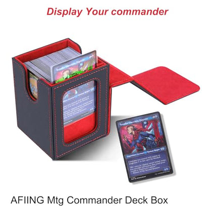 AFIING MTG Deck Box for Commander Display,Card Deck Box Fits 100 Double Sleeved Cards, Magic Commander TCG Card Storage Box with 2 Dividers,Drawstring Bag and 1 Toploader(Black/Red) - color: Commander Black Red