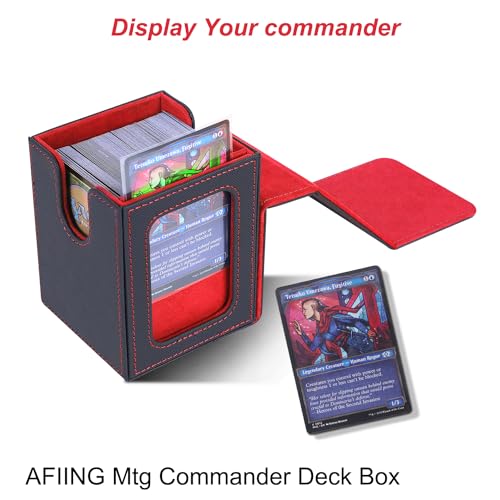 AFIING MTG Deck Box for Commander Display,Card Deck Box Fits 100 Double Sleeved Cards, Magic Commander TCG Card Storage Box with 2 Dividers,Drawstring Bag and 1 Toploader(Black/Red) - color: Commander Black Red