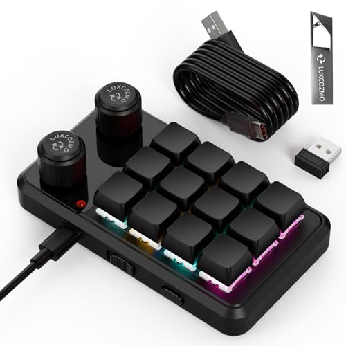 12-Key Macro Pad Programmable Mini Mechanical RGB OSU Knob Wireless Type-C | 12-key programmable macro pad, one-handed, RGB backlit, OSU knob, wireless & Type-C, software included - color: Black