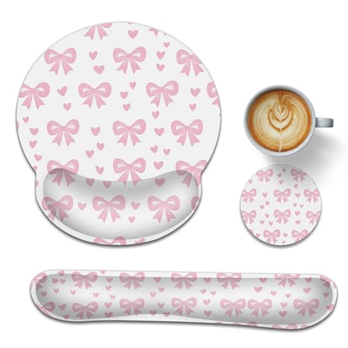 Cute Bow Wrist Rest Mouse Pad and Keyboard Support Set,Pink Heart 3 in 1 Ergonomic Memory Foam Mousepad with Non Slip Base, Gaming Mouse Pad for Office and Home - color: Cute Bow Pink Heart