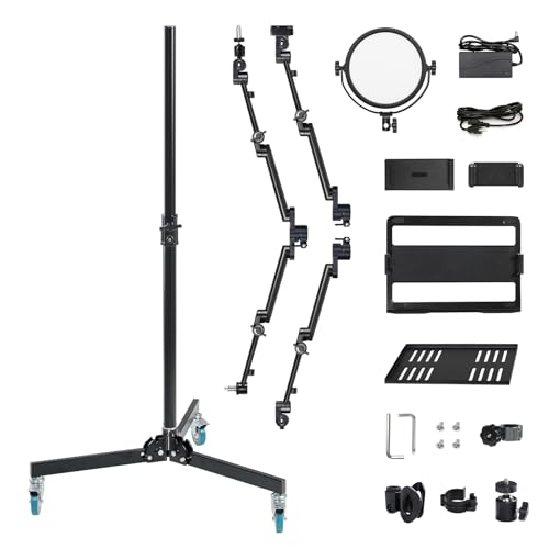 GVM 5-in-1 Movable Live Streaming Floor Stand Kit with Wheels, Overhead Camera Mount with 10" LED Key Light/Mic Boom Arm/Tablet Laptop Phone Stand/Tray for Live Broadcast Podcast Video Recording Game
