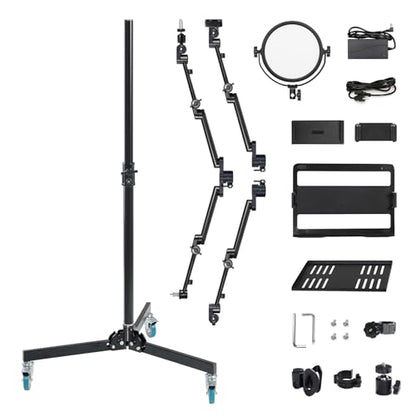 GVM 5-in-1 Movable Live Streaming Floor Stand Kit with Wheels, Overhead Camera Mount with 10" LED Key Light/Mic Boom Arm/Tablet Laptop Phone Stand/Tray for Live Broadcast Podcast Video Recording Game