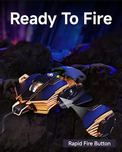 EWEADN G5 Wired Gaming Mouse with Adjustable Tail, 12800 DPI Programmable Computer Mouse with RGB Backlit, 9 Macro Buttons, Rapid Fire Key & Aluminum Base Ergonomic PC Mice for Laptop, PC-Black&Gold - color: Black&Gold