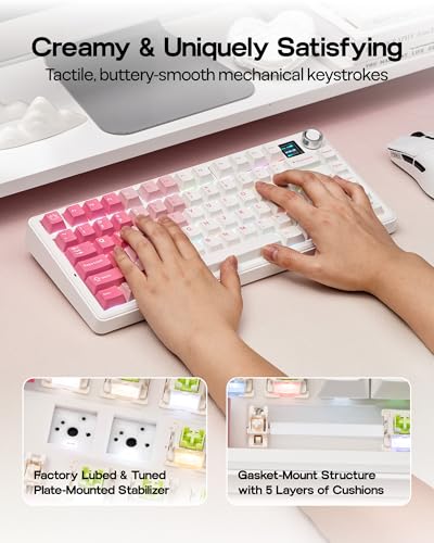 EPOMAKER X Aula F75 MAX Wireless Mechanical Keyboard with TFT Screen and Knob, Gasket Keyboard in 75% Layout, Hot Swappable Gaming Keyboard for PC/Mac/Linux (White Pink) - color: White Pink