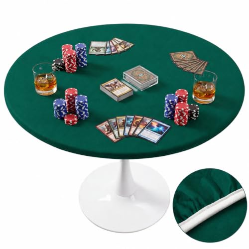 Newwiee Green 36 Inch Felt Card Game Tablecover Round 36in to 48in Tablecloth Poker Table Cover Round Elastic Table Mat for Playing Cards Mahjong - color: Green