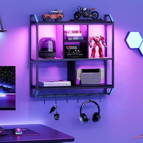 HOOBRO Gaming Floating Shelves with LED Lights, 28.7" LED Wall Mounted Shelf, 3-Tier Display Rack for Wall Storage, Floating Rack with Hanging Rod and 6 S-Hooks, for Gaming Room, Black BB70DBJ01 - color: Black