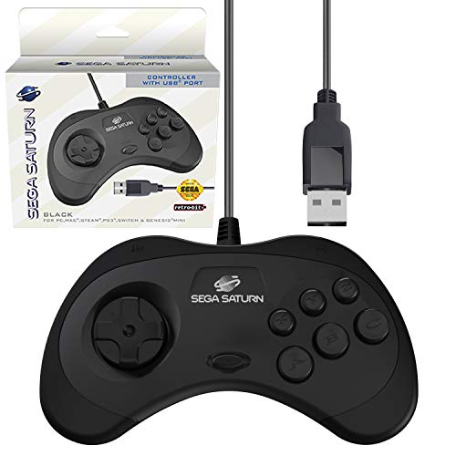 Retro-Bit Official Sega Saturn USB Controller Pad for Sega Genesis Mini, PS3, PC, Mac, Steam, Switch - USB Port (Black) - color: Black