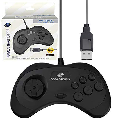 Retro-Bit Official Sega Saturn USB Controller Pad for Sega Genesis Mini, PS3, PC, Mac, Steam, Switch - USB Port (Black) - color: Black