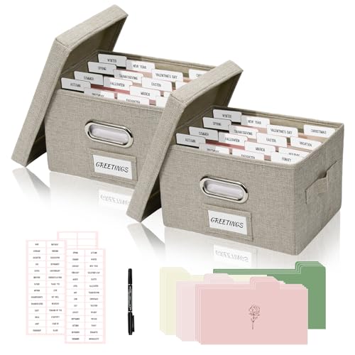 Card Organizer Storage Set 2-Pack,10x7.8 in Beige | 2 linen boxes w 32 dividers, 168 labels & 2 pens, greeting card photo keeper, compact sturdy home office gift - color: Beige, size: 2 Pack