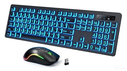Light Up Keyboard and Mouse Wireless, Adjustable Brightness & Color, Rechargeable, Light Up Letters，2.4G USB Full Size Backlit Keyboard Mouse for Windows, PC, Laptop, Desktop, Gaming (Large Print) - color: Large Print